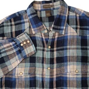 Overland Western Pearl Snap Linen Shirt Pockets‎ Blue Long Sleeve XXL